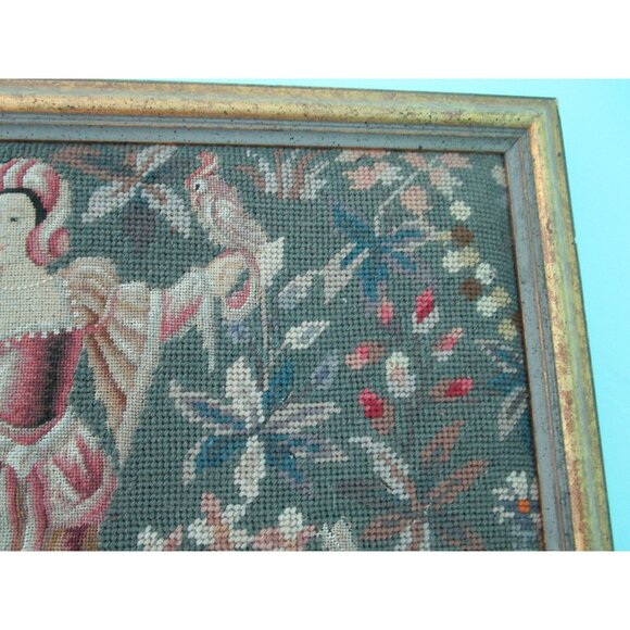 Medieval Lady Falconer Needlepoint Art In Antique Gold Frame GUC - Picture 7 of 16
